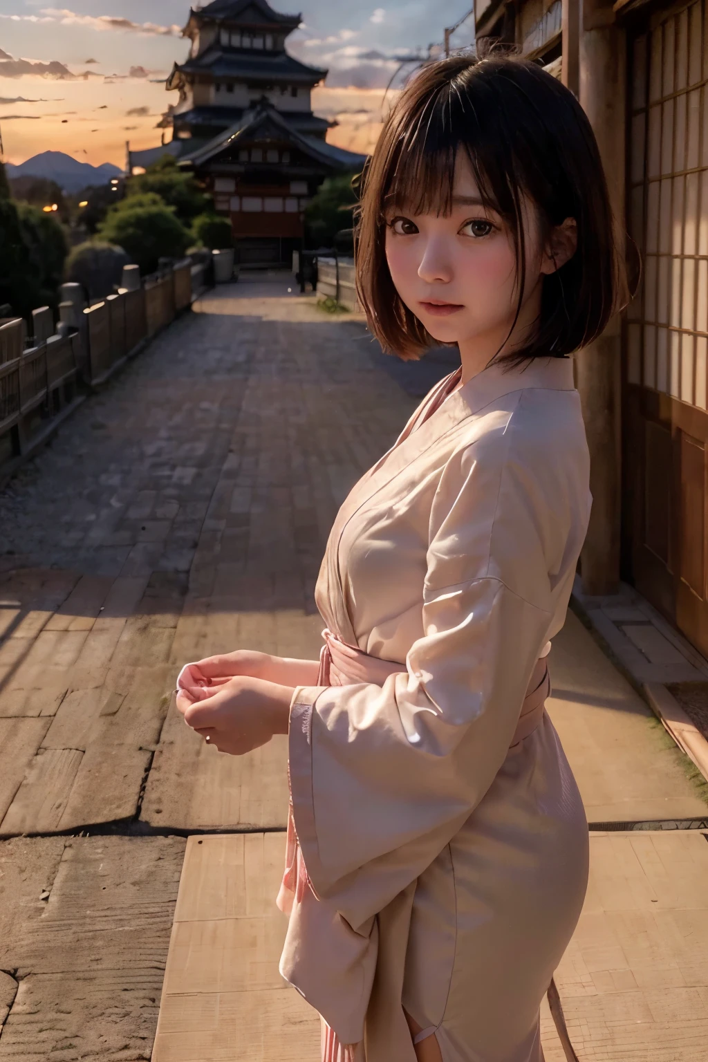 Framing Photo,
((1 girl glances at the sky of the sunset glow while passing through lattice doors: 1.2)),
White Gravel Roads:1.2, Shrine in Kyoto:1.2, (Japanese Castle in the Background:1.5), White Bridge:1.2,
Short Bob Cut:1.2, Japanese, 20-year-old girl:1.2, Brown Hair, Blush, Embarrassed, Very white skin, Wide-Set Eyes, Open Mouse Slightly, Squirming,
from Back, Full Body,
Light, SideLighting,
(highest quality, masterpiece, Ultra-high resolution, 8K, RAW Photos, Realistic, Anatomically correct:1.5)