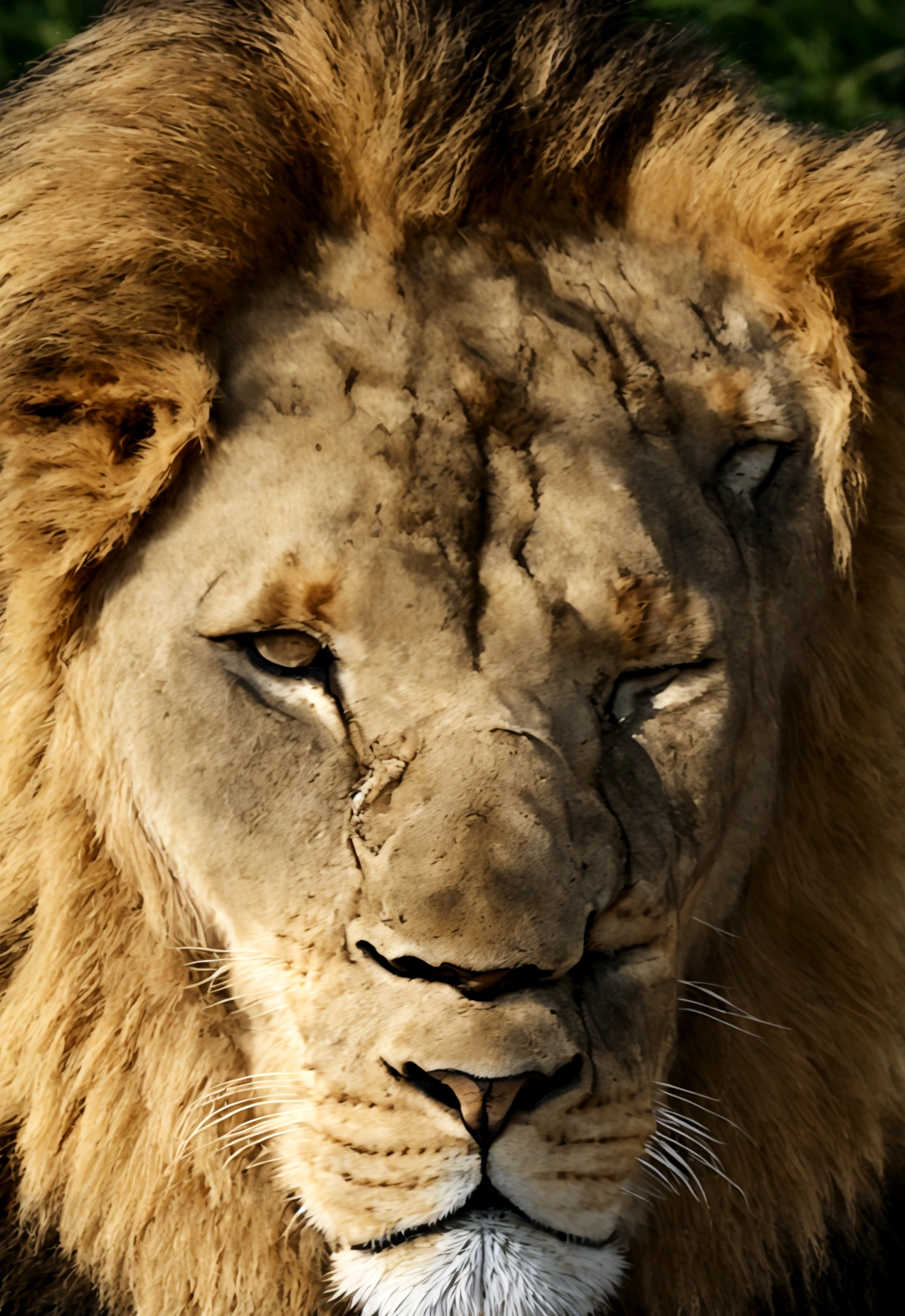 Create a realistic image of a lion sleeping peacefully. The lion is lying on its side with its legs slightly curled and its head resting on its paws. The background is a serene savannah with tall grass gently swaying in a light breeze. The sky is clear with a warm golden sunset casting a soft glow over the scene. The lion looks relaxed and content, with closed eyes and a calm expression. The image should be highly detailed and lifelike, capturing the textures of the lion's fur and the natural surroundings.