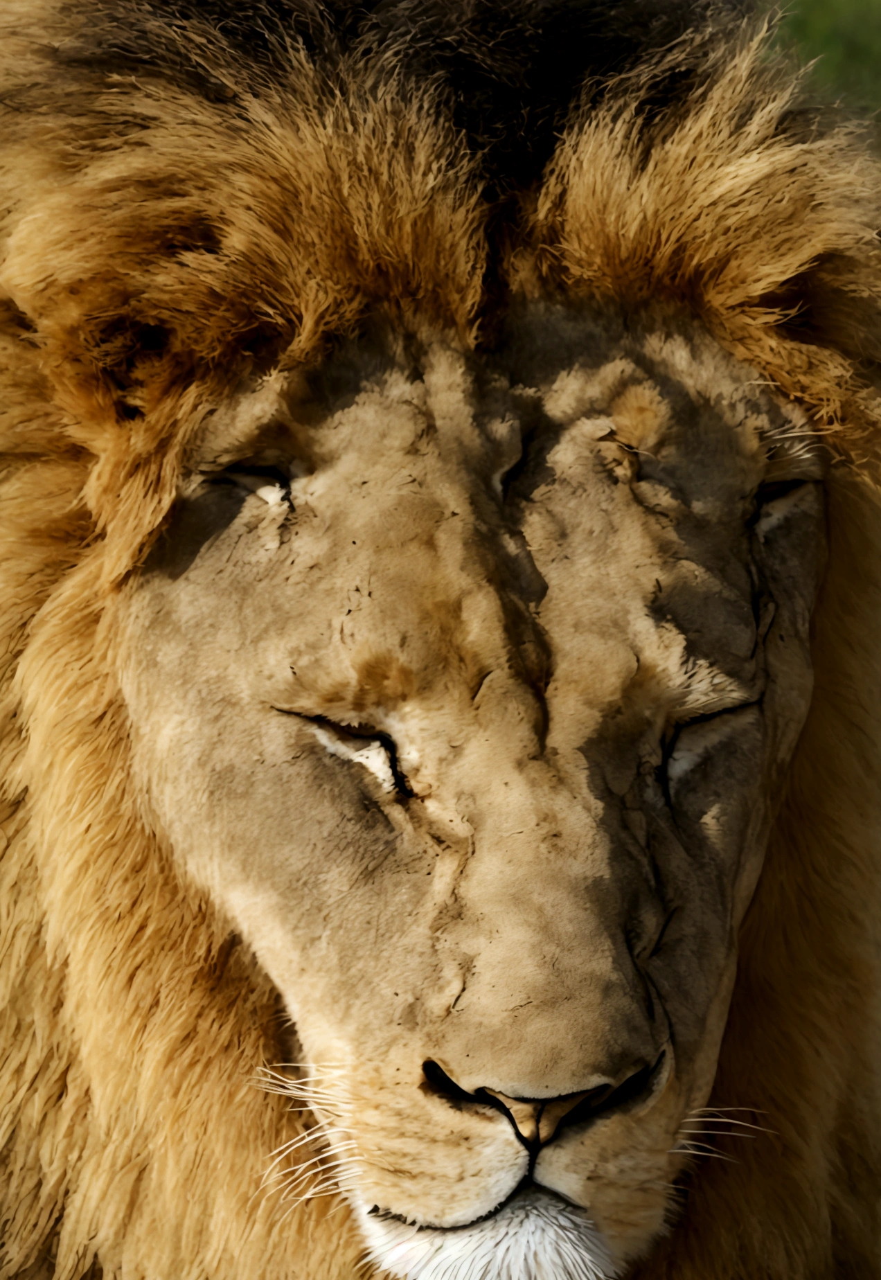 Create a realistic image of a lion sleeping peacefully. The lion is lying on its side with its legs slightly curled and its head resting on its paws. The background is a serene savannah with tall grass gently swaying in a light breeze. The sky is clear with a warm golden sunset casting a soft glow over the scene. The lion looks relaxed and content, with closed eyes and a calm expression. The image should be highly detailed and lifelike, capturing the textures of the lion's fur and the natural surroundings.