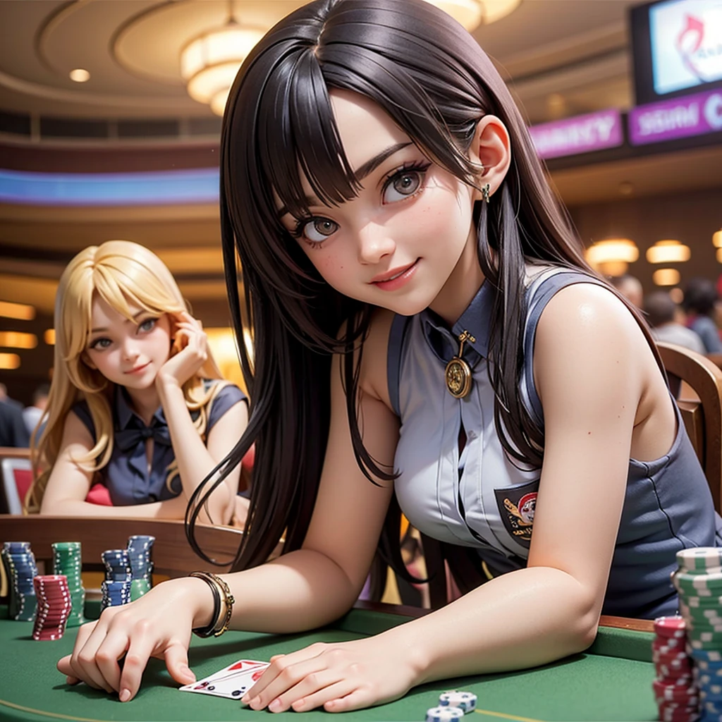 one girl, luxurious casino, elegant, opulent, card table, rich people, people playing cards in background, croupier, customer service, poker table, happy pretty smile, flirting you, loooking at you, in the middle thinking of you, fantasy