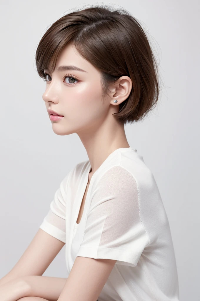 (highest quality、Tabletop、8k、Best image quality、Award-winning works)、((profile:1.4))、ear、((short hair:1.46)),(Brown Hair)、(White casual clothes:1.2)、(The simplest pure white background:1.3)、(Perfectly fixed in front:1.1),(Portrait with Space:1.2)、Beautiful and exquisite、Perfect Makeup、Ultra-high definition beauty face、Ultra HD Hair、Ultra HD Shining Eyes、Super high quality glossy lip、Accurate anatomy、Very beautiful skin、(Pure white skin shining in ultra-high resolution:1.1)、(Very bright:1.2),Big Natural Color Lip、Lip gloss,Harajuku、cute、cute美人