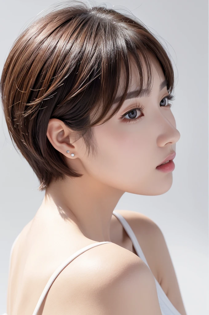 (highest quality、Tabletop、8k、Best image quality、Award-winning works)、((profile:1.4))、ear、((short hair:1.46)),(Brown Hair)、(White casual clothes:1.2)、(The simplest pure white background:1.3)、(Perfectly fixed in front:1.1),(Portrait with Space:1.2)、Beautiful and exquisite、Perfect Makeup、Ultra-high definition beauty face、Ultra HD Hair、Ultra HD Shining Eyes、Super high quality glossy lip、Accurate anatomy、Very beautiful skin、(Pure white skin shining in ultra-high resolution:1.1)、(Very bright:1.2),Big Natural Color Lip、Lip gloss,Harajuku、cute、cute美人