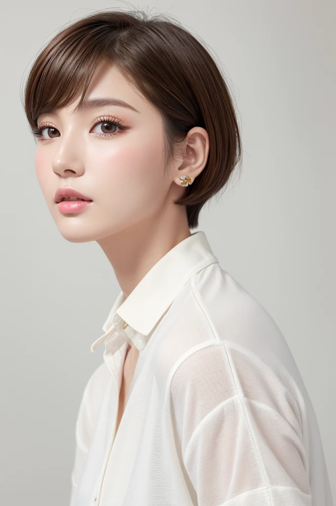 (highest quality、Tabletop、8k、Best image quality、Award-winning works)、((profile:1.4))、ear、((short hair:1.46)),(Brown Hair)、(White casual clothes:1.2)、(The simplest pure white background:1.3)、(Perfectly fixed in front:1.1),(Portrait with Space:1.2)、Beautiful and exquisite、Perfect Makeup、Ultra-high definition beauty face、Ultra HD Hair、Ultra HD Shining Eyes、Super high quality glossy lip、Accurate anatomy、Very beautiful skin、(Pure white skin shining in ultra-high resolution:1.1)、(Very bright:1.2),Big Natural Color Lip、Lip gloss,Harajuku、cute、cute美人