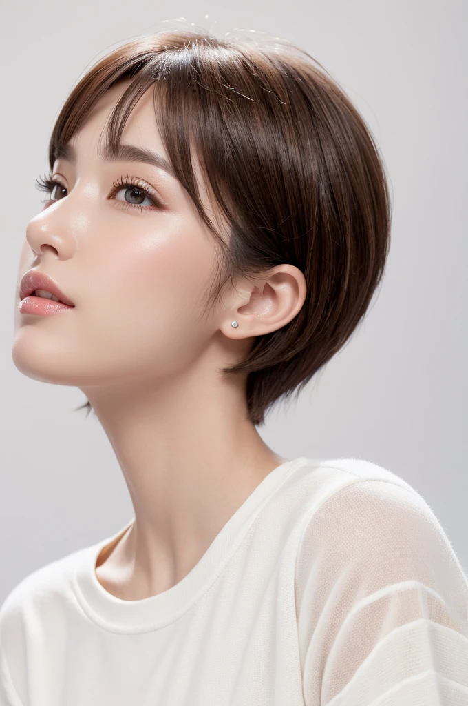 (highest quality、Tabletop、8k、Best image quality、Award-winning works)、((profile:1.4))、ear、((short hair:1.46)),(Brown Hair)、(White casual clothes:1.2)、(The simplest pure white background:1.3)、(Perfectly fixed in front:1.1),(Portrait with Space:1.2)、Beautiful and exquisite、Perfect Makeup、Ultra-high definition beauty face、Ultra HD Hair、Ultra HD Shining Eyes、Super high quality glossy lip、Accurate anatomy、Very beautiful skin、(Pure white skin shining in ultra-high resolution:1.1)、(Very bright:1.2),Big Natural Color Lip、Lip gloss,Harajuku、cute、cute美人