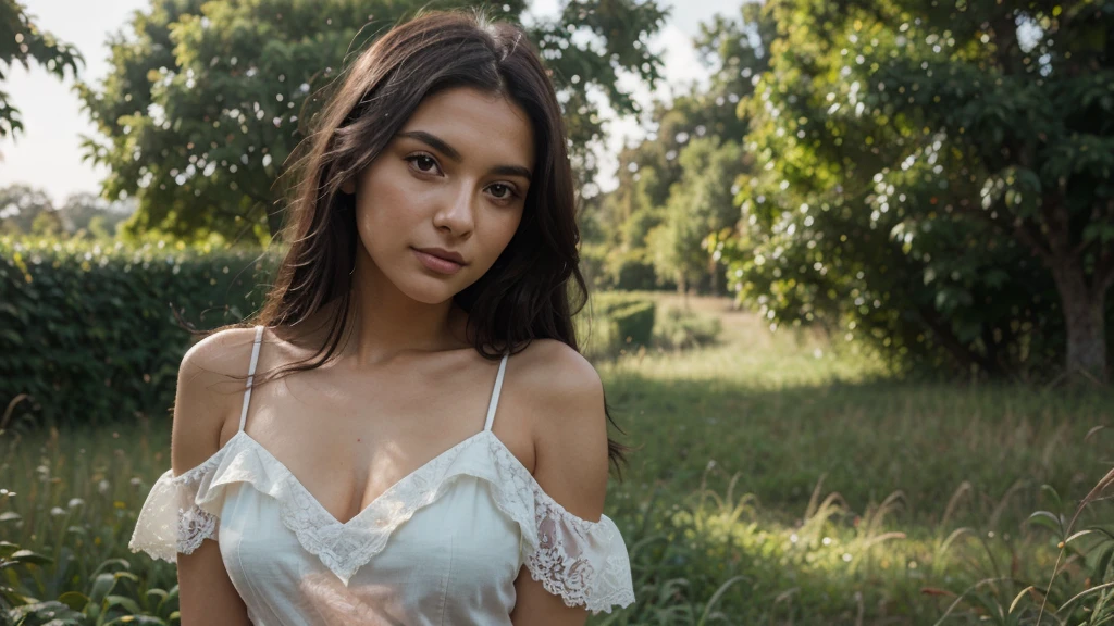 Masutepiece、highest qualityr、high resolusion、Eleonora Pavinato, 23 years old, Younger headshot, long Black hair, realistic skin, beautiful refined skin, real skin texture, Beautiful firm breasts are comb big oczami seksowna, In a sunlit field, wearing a white lace dress, a coy look over the shoulder, a mix of purity and seduction with nature as the backdrop