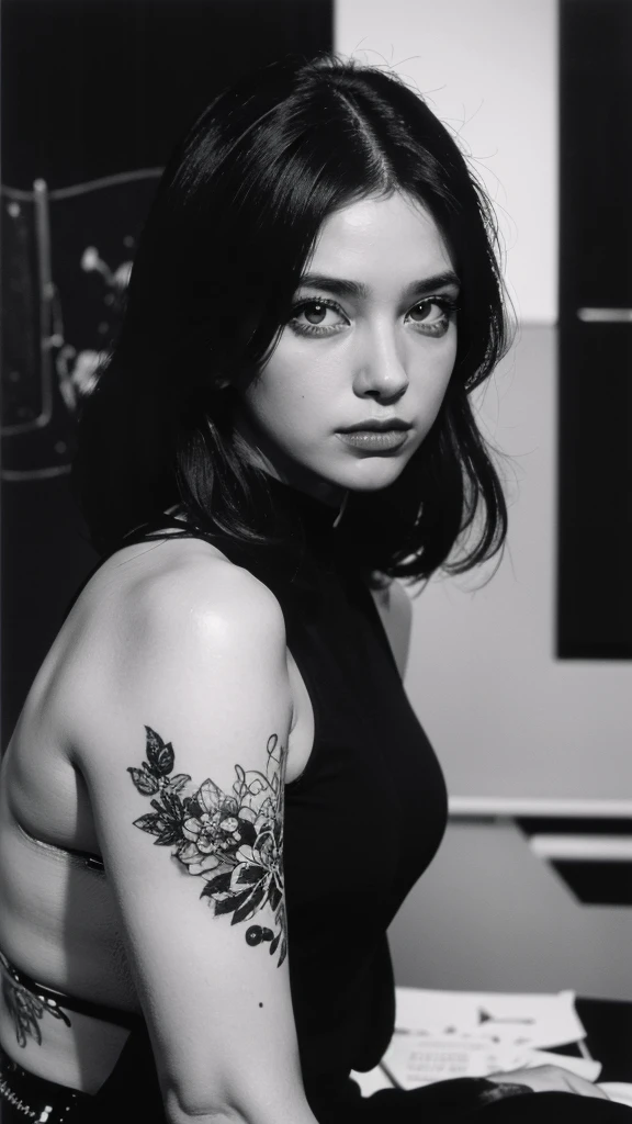 lola:Comic-000009:1.0),(black-and-white)、(extreme high contrast:1.2)、(ink art_Dark ink:1.2)、(vintage poster),1girl in,Adorable,extremely detailed eye,extra detailed face,very detail hair,8K,resolution,Female executives of the mafia