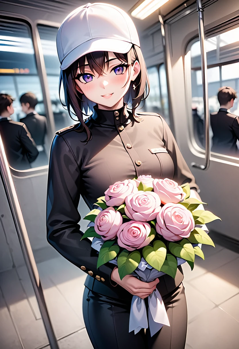 Prompt:

"Reflection of a person on a subway window, holding a bouquet of pink flowers. The person is wearing a white cap and a black outfit, partially obscured by the reflection and dim lighting. The background shows a blurred, dark subway interior, giving a moody and introspective ambiance. The bouquet is wrapped in pink paper, adding a soft, delicate contrast to the otherwise dark and muted tones of the scene."

Detailed Breakdown:

Setting: Subway window with reflection, dark interior.
Subject: Person holding a bouquet, wearing a white cap and black outfit.
Lighting: Dim, moody, emphasizing the reflective surface.
Colors: Dark tones with a pop of pink from the flowers.
Mood: Introspective, calm, and somewhat melancholic.
Use these details to guide the stable diffusion model in creating an image with a similar vibe and composition.