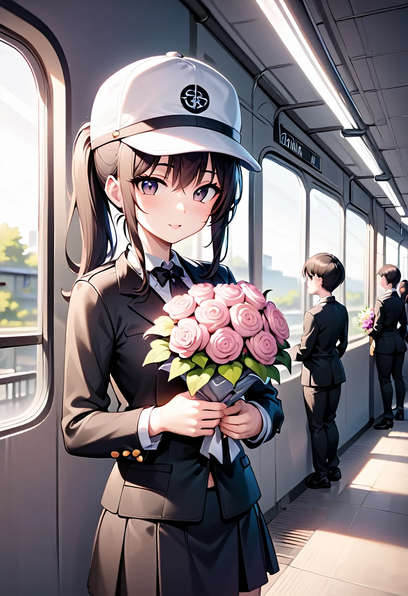 Prompt:
"Reflection of a person on a subway window, holding a bouquet of pink flowers. The person is wearing a white cap and a black outfit, partially obscured by the reflection and dim lighting. The background shows a blurred, dark subway interior, giving a moody and introspective ambiance. The bouquet is wrapped in pink paper, adding a soft, delicate contrast to the otherwise dark and muted tones of the scene."
Detailed Breakdown:
Setting: Subway window with reflection, dark interior.
Subject: Person holding a bouquet, wearing a white cap and black outfit.
Lighting: Dim, moody, emphasizing the reflective surface.
Colors: Dark tones with a pop of pink from the flowers.
Mood: Introspective, calm, and somewhat melancholic.
Use these details to guide the stable diffusion model in creating an image with a similar vibe and composition.