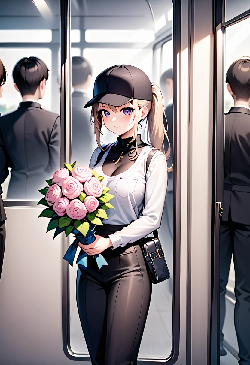 Prompt:

"Reflection of a person on a subway window, holding a bouquet of pink flowers. The person is wearing a white cap and a black outfit, partially obscured by the reflection and dim lighting. The background shows a blurred, dark subway interior, giving a moody and introspective ambiance. The bouquet is wrapped in pink paper, adding a soft, delicate contrast to the otherwise dark and muted tones of the scene."

Detailed Breakdown:

Setting: Subway window with reflection, dark interior.
Subject: Person holding a bouquet, wearing a white cap and black outfit.
Lighting: Dim, moody, emphasizing the reflective surface.
Colors: Dark tones with a pop of pink from the flowers.
Mood: Introspective, calm, and somewhat melancholic.
Use these details to guide the stable diffusion model in creating an image with a similar vibe and composition.