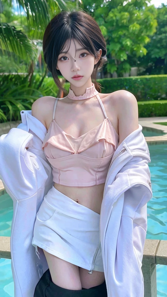 Beautiful woman,Have a perfect body:1.4,Layered Hairstyle,Visible cleavage,Bikini:1.5,Super short pleated skirt,whole body,Highly detailed face and skin textures,Double eyelids,Skin Whitening,Cap pulled down