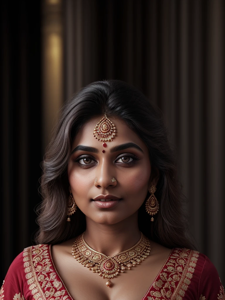 beautiful indian woman, traditional indian dress, deep cleavage, hourglass figure, detailed face, piercing eyes, luscious lips, long flowing hair, ornate jewelry, dramatic lighting, photorealistic, high resolution, cinematic, award-winning digital painting
