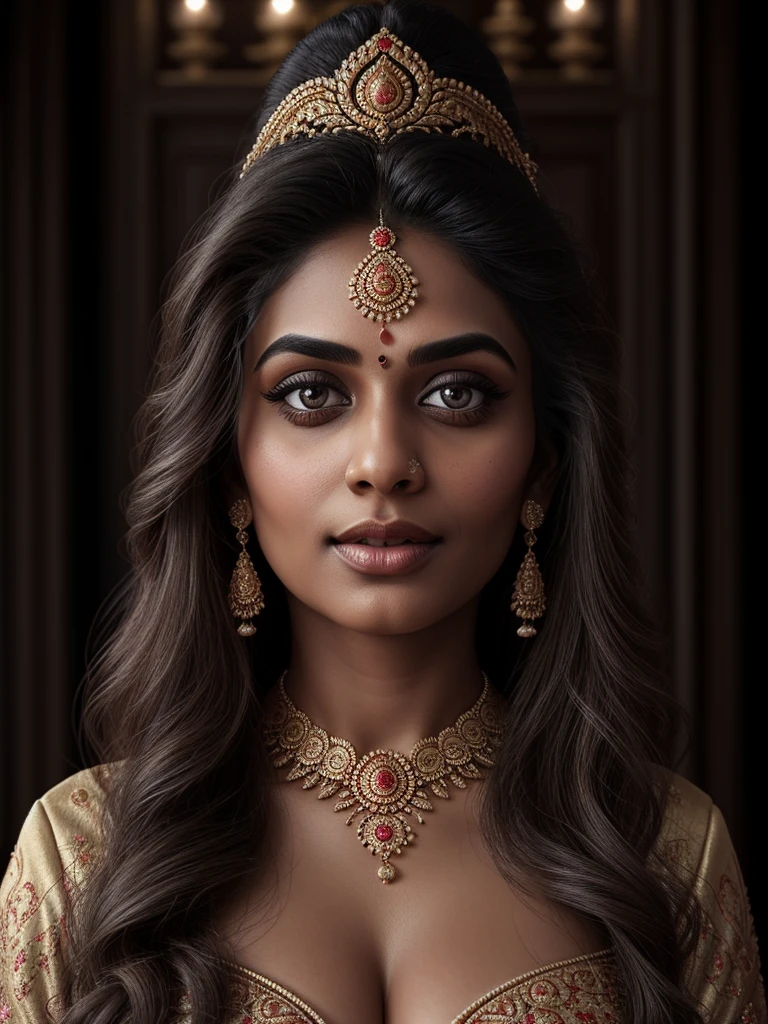 beautiful indian woman, traditional indian dress, deep cleavage, hourglass figure, detailed face, piercing eyes, luscious lips, long flowing hair, ornate jewelry, dramatic lighting, photorealistic, high resolution, cinematic, award-winning digital painting