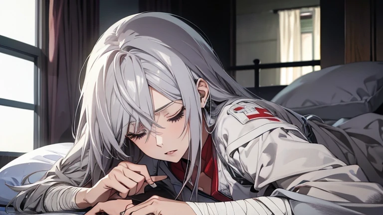 (Confused, High resolution, Very detailed), 1 female, Silver Hair,Long Hair,,White patient gown,,Appearance of the injury,24th generation,beauty,mature,thin,quiet,Calm,Sleep in a medical bed,Sleep on your side,,右腕にbandageをしている,hospital,I was injured,bandage,Sleep,Lying in bed