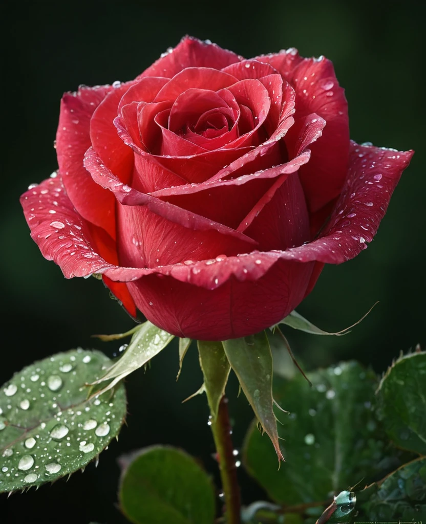A high-resolution close-up of a single crimson rose with delicate dew drops on its petals. The camera angle is at eye level, focusing on the intricate details of the rose. The petals exhibit a rich, deep red hue with velvety texture, contrasting against the dark green leaves. The dew drops are clear and glistening, catching the light and creating tiny reflections. The background is softly blurred, ensuring the rose stands out prominently. Natural lighting enhances the rich colors and delicate nature of the rose, casting gentle shadows and a soft glow on the dew drops.
