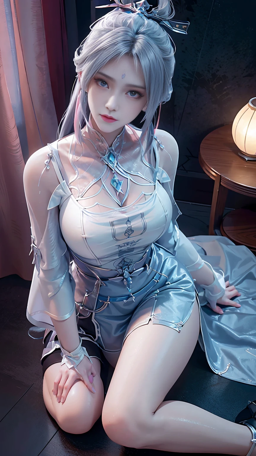 a white hair、Close-up of miss wearing white mask, Beautiful character painting, guweiz, Gurwitz style artwork, White-haired god, author:Yang Jie, Epic and beautiful character art, Stunning character art, author:Fan Qi, by Wuzhun Shifan, pixiv Art Street Guviz, Single ponytail, , High Ponytail, Tall and big, Long legs, (sleeveless lace shirt), (shorts), (Striped )), ((Striped )), Walk, elegant, dignified, miss, Beautiful curves, sweet smile, Strong sense of detail and layering, Rich and colorful color, Has a unique texture, rich and colorful, color, vivid, Design Art, 16K, Super detailed, {{illustration}}, {Extremely refined}, {Exquisite surface treatment}, Super detailed, Delicate and shining eyes, {{Light}}, 极致灯Light效果, Model: realism, CFG size: 12, Laura: Bright texture (1.35), high quality, masterpiece, Exquisite facial features, Delicate hair depiction, Detailed depiction of the eyes, masterpiece, best quality, Light line tracing, Extremely detailed CG unified 8k wallpaper, masterpiece, best quality, (1 girl), Perfect body, (((tight rt))), beautiful eyes, (Delicate face), Black short hair, Tie your hair up, Light blue hairpin, Black silk frame glasses, in class, (White skin), (Optimal Lighting), (Super intricate details), 4k unity, (Super detailed CG), Showing off her white legs, , Hot Pants, shorts,性感Long legs, Thin waist, Sweat is running down my waist, Showing belly, Extremely detailed depiction, Pink Hair, Asymmetrical bangs, Transparent clothes, Hands on thighs, 把目Light移开, 8k resolution, Raise an eyebrow, shiny hair, Flower head, Wristbands, bandage,Leather sexy pose, simpleey background, Climbing towards the audience, kitten pose, On all fours,