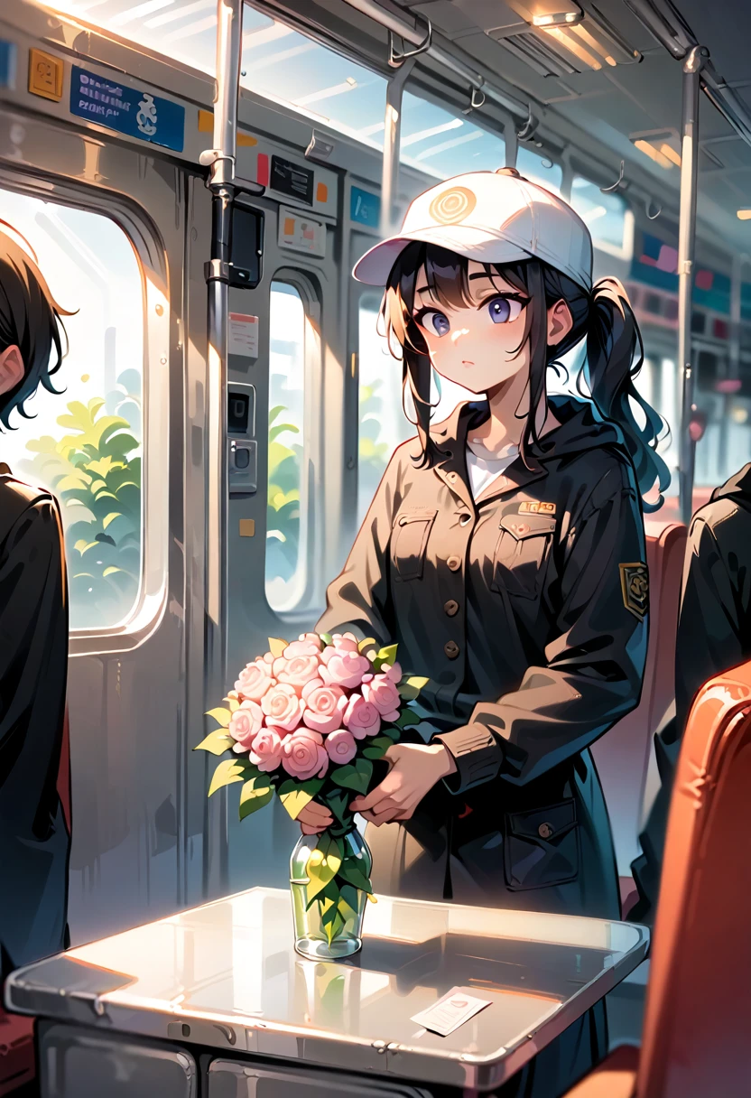 Prompt:

"Reflection of a person on a subway window, holding a bouquet of pink flowers. The person is wearing a white cap and a black outfit, partially obscured by the reflection and dim lighting. The background shows a blurred, dark subway interior, giving a moody and introspective ambiance. The bouquet is wrapped in pink paper, adding a soft, delicate contrast to the otherwise dark and muted tones of the scene."

Detailed Breakdown:

Setting: Subway window with reflection, dark interior.
Subject: Person holding a bouquet, wearing a white cap and black outfit.
Lighting: Dim, moody, emphasizing the reflective surface.
Colors: Dark tones with a pop of pink from the flowers.
Mood: Introspective, calm, and somewhat melancholic.
Use these details to guide the stable diffusion model in creating an image with a similar vibe and composition.