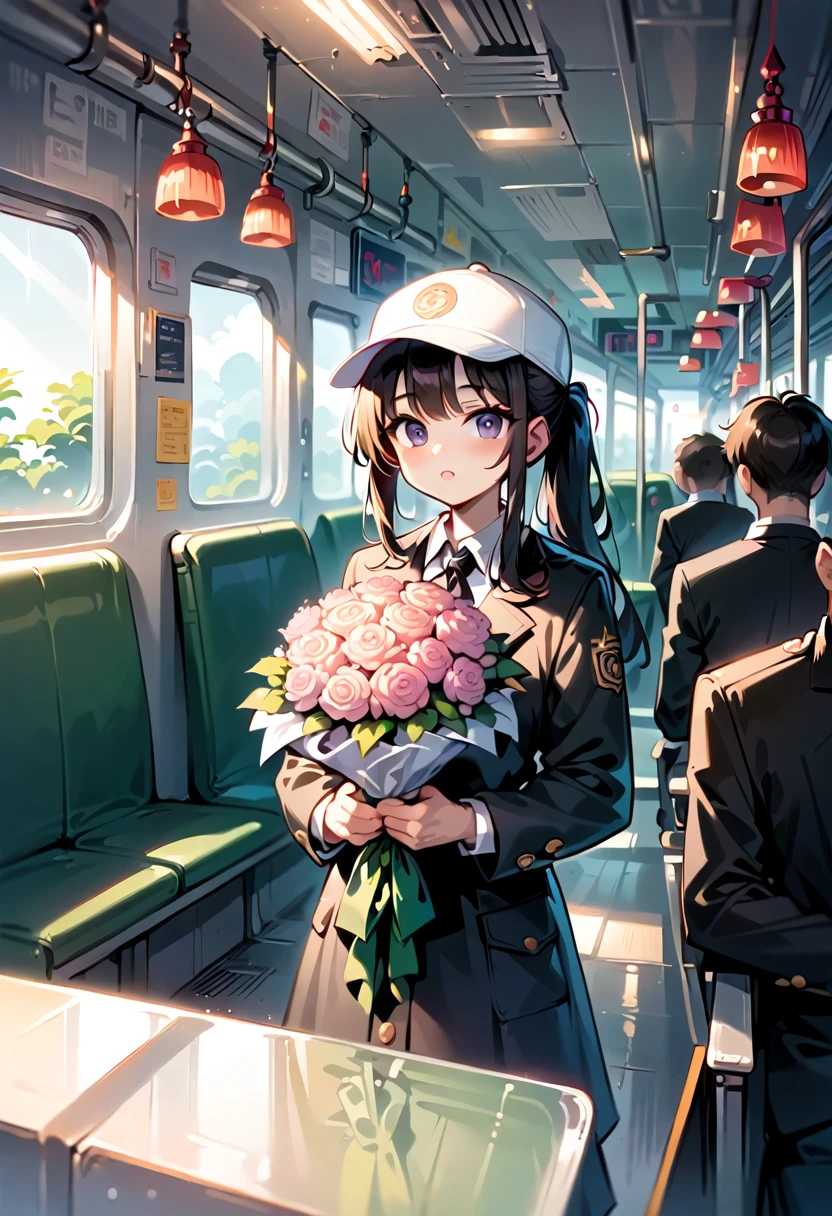 Prompt:

"Reflection of a person on a subway window, holding a bouquet of pink flowers. The person is wearing a white cap and a black outfit, partially obscured by the reflection and dim lighting. The background shows a blurred, dark subway interior, giving a moody and introspective ambiance. The bouquet is wrapped in pink paper, adding a soft, delicate contrast to the otherwise dark and muted tones of the scene."

Detailed Breakdown:

Setting: Subway window with reflection, dark interior.
Subject: Person holding a bouquet, wearing a white cap and black outfit.
Lighting: Dim, moody, emphasizing the reflective surface.
Colors: Dark tones with a pop of pink from the flowers.
Mood: Introspective, calm, and somewhat melancholic.
Use these details to guide the stable diffusion model in creating an image with a similar vibe and composition.
