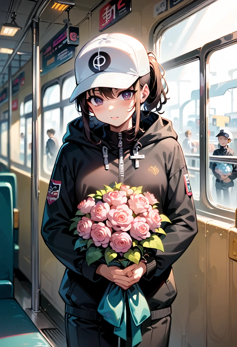 Prompt:
"Reflection of a person on a subway window, holding a bouquet of pink flowers. The person is wearing a white cap and a black outfit, partially obscured by the reflection and dim lighting. The background shows a blurred, dark subway interior, giving a moody and introspective ambiance. The bouquet is wrapped in pink paper, adding a soft, delicate contrast to the otherwise dark and muted tones of the scene."
Detailed Breakdown:
Setting: Subway window with reflection, dark interior.
Subject: Person holding a bouquet, wearing a white cap and black outfit.
Lighting: Dim, moody, emphasizing the reflective surface.
Colors: Dark tones with a pop of pink from the flowers.
Mood: Introspective, calm, and somewhat melancholic.
Use these details to guide the stable diffusion model in creating an image with a similar vibe and composition.