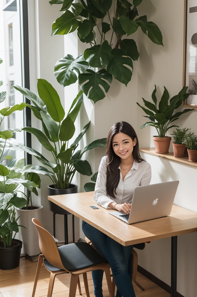 A young professional smiling, using a laptop, sitting in a modern café with plants in the background and a cup of coffee on the table. more real