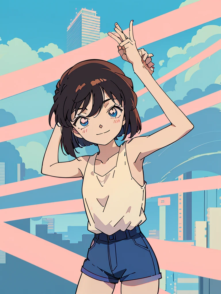 anime style, (1girl in, Solo:1.0), (Haibara Ai), ((Short pants)), (((Big eyes))), (Cute anime girl head), (flat chest),looking at viewer,With a height of 100cm,  shoot from front, (head shot), soft smile、happy smile, Simple lineinimalism，Abstract Art，City background