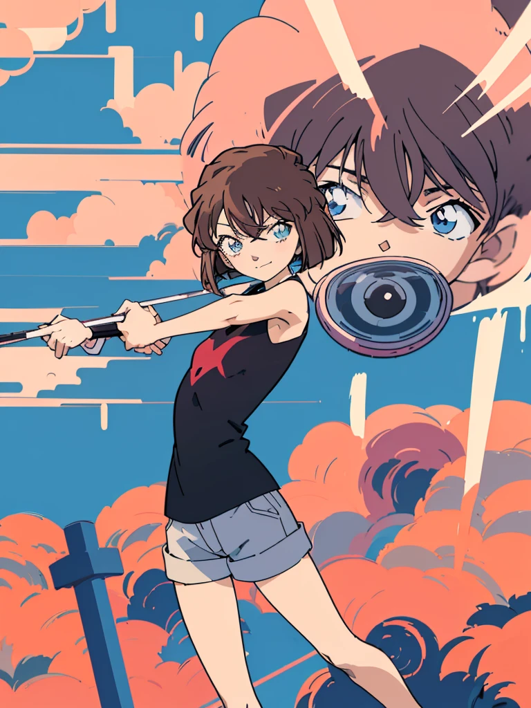 anime style, (1girl in, Solo:1.0), (Haibara Ai), ((Short pants)), (((Big eyes))), (Cute anime girl head), (flat chest),looking at viewer,With a height of 100cm, shoot from front, (head shot), soft smile、happy smile, Simple lineinimalism,Abstract Art,City background