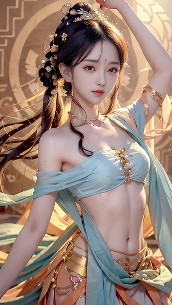 Half-length photo, A beautiful woman, messy hair, Girl, Symmetrical bun, Hair accessories, Jewelry, Delicate face, Eyeshadow, Exquisite blue top, Crop Top, Open button, Dunhuang style, Lots of ribbons, cyan ribbon, Orange streamer, Red ribbon, Delicate skin, soft的 light effects, hair fine and smooth, Fine details, eyes highlights, White skin, Delicate depiction, Extreme details, quality, Thin, slim, shattered, Hair details, Thin bangs, Shawl hair, Correct body, shadow, Air bangs, 8K, Ultra-fine, Fine fabric texture, soft的, soft, Smooth texture, Dunhuang style, Exquisite pattern, Correct hand drawing, Smile, Crane plum, Surrealism, Ray tracing, Ultra HD, High Detail, Super Detail, High resolution, 8K, high quality, High Detail, Textured Skin, precise