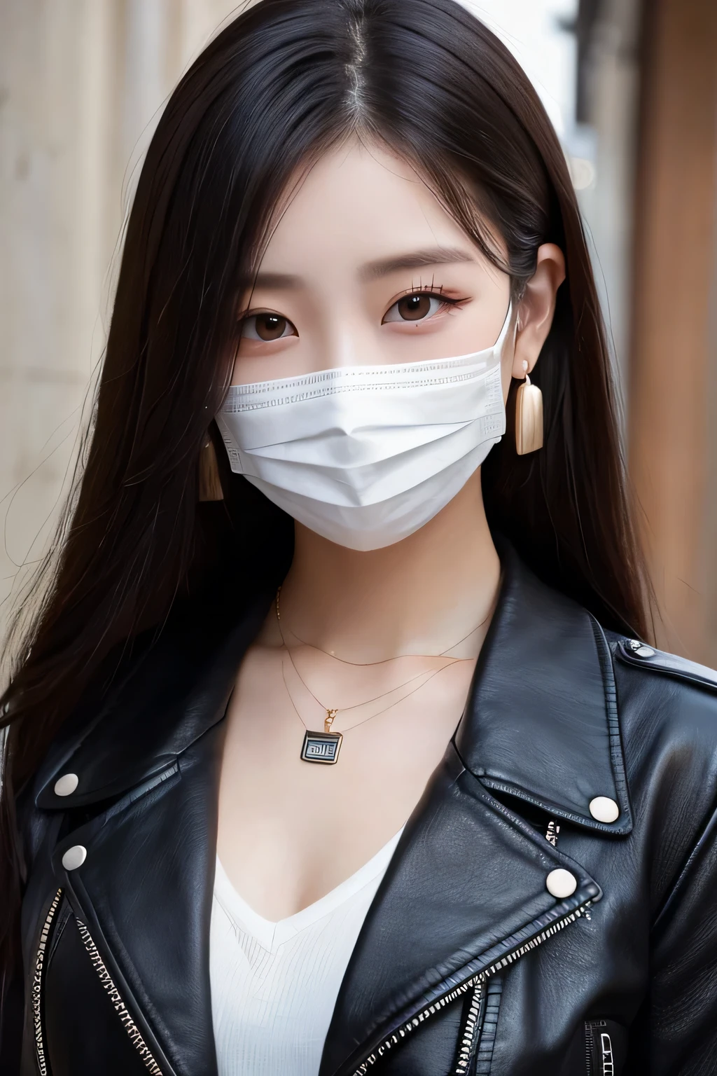 Beautiful young woman of the year、 Korean women、Thick black hair、Necklace around the neck、leather jacket、White mask on the mouth、Intricate details, Very detailed:1.2), 、 Looking into the camera,The background is the town、Ear piercing

、Ear piercing