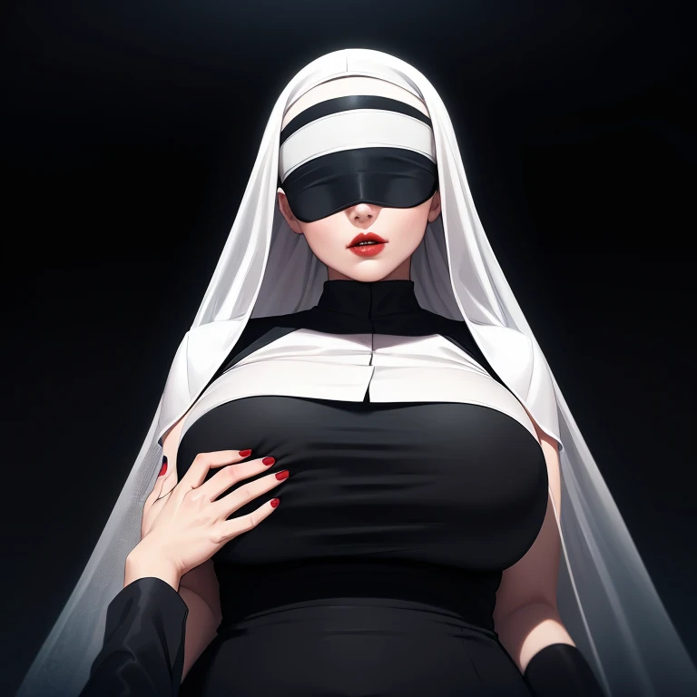 ((a elegant woman in a white veil covering her eyes)), fingers on her lips, long white nails, black background, photo-realistic, high quality, intricate details, oil painting, dramatic lighting, muted colors, mysterious atmosphere,Huge breasts,Red lips,blind ,((POV)),nun,(upper body)