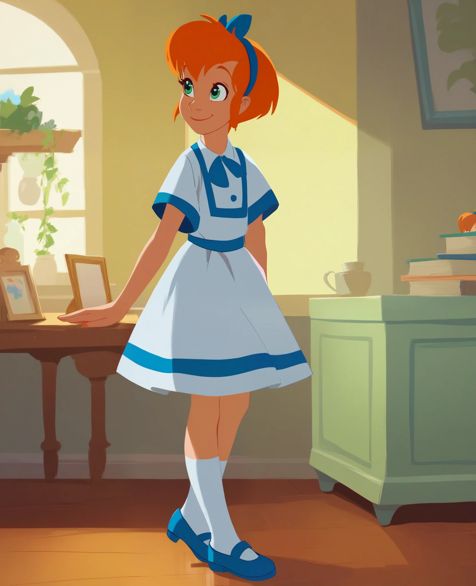 score_8, score_9, cecilia, 1 girl, solo, orange hair, short hair, green eyes, dress, hairband, smile, indoors, white socks, blue shoes, in rich apartment, standing, full body