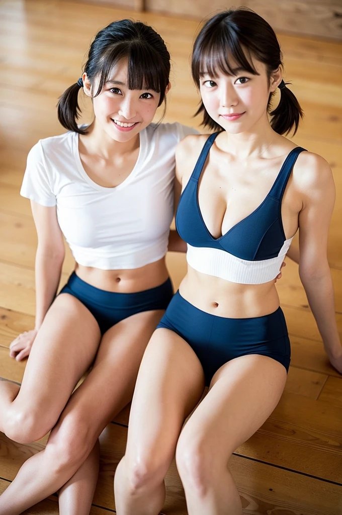 2 girls in old-Japanese classroom,pink school swimsuit with white trim,18-year-old,bangs,a little smile,thighs,knees,short cut hair,low ponytail,from below,front-lighting