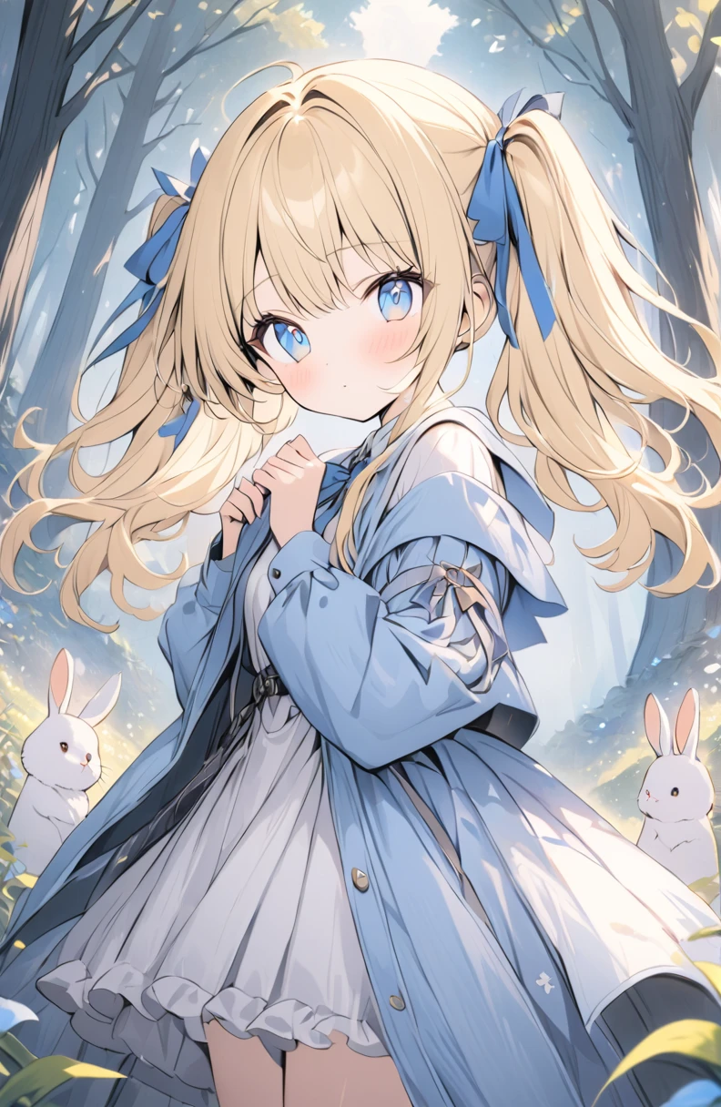 (masterpiece:1.2),(anime),、Rabbit and girl、Fairy tale world、cute、Girl surrounded by rabbits、in the forest、Pale colors、Light production、Twin tails、Blue Hair、blue attire、((Blonde、Blue Eyes))