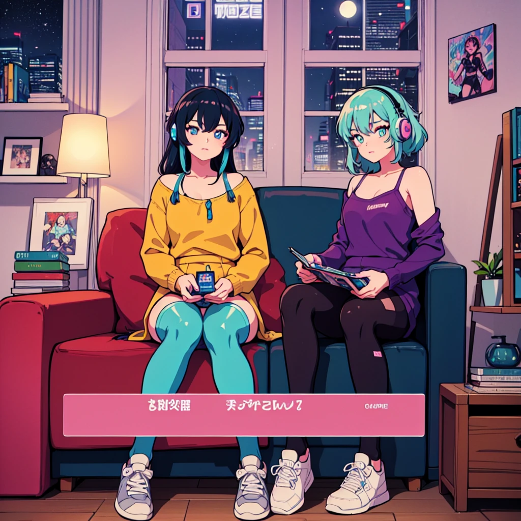 (masterpiece), highest quality, Expressive eyes, Neon pastel aesthetics, Retro 90s, Neon color,((Girl sitting on sofa,In a cozy room,Records hanging on her wall, Comic books on the floor, Looking out the window behind her at the night city, Upholstered room, Anime figures lined up on a shelf)), Wearing headphones, (All around her it sparkles), (wearing thick colorful sneakers), (blue eyes), (Soft look), (Synthwave Art Style), Colorful Hair, Desk with PC set up
