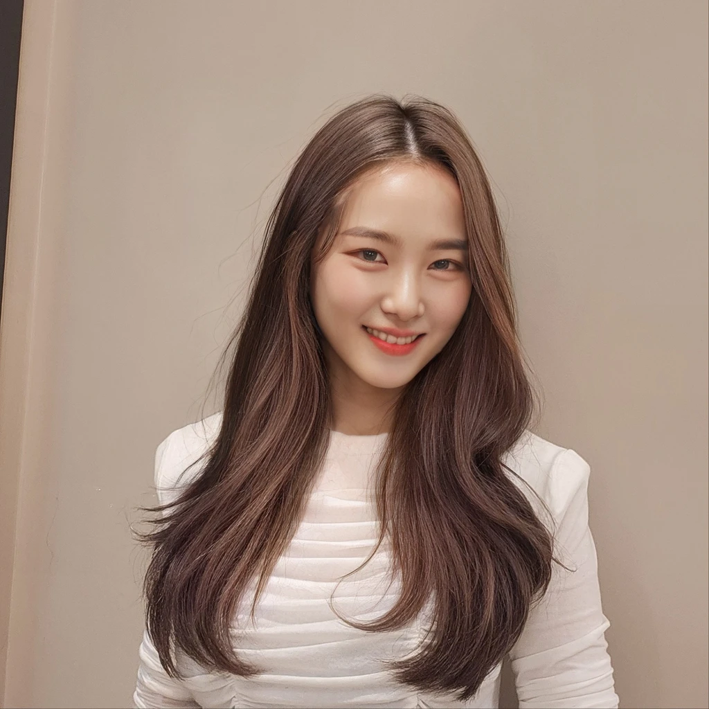 Best Quality, 8k, Masterpiece, (Portrait: 1.3), (photo realistic:1.4), (hyper realistic:1.4), Sharp Focus, looking at viewer, (smoother lighting:1.1), (increase cinematic lighting quality:0.9), realistic lighting, backlighting, light on face, ray trace, (brightening light:1.2), (Increase quality:1.4), sharp detail, (best quality real texture skin:1.4), finely detailed eyes, black_eyes, finely detailed face, 25 year old Korean woman, smiling_face