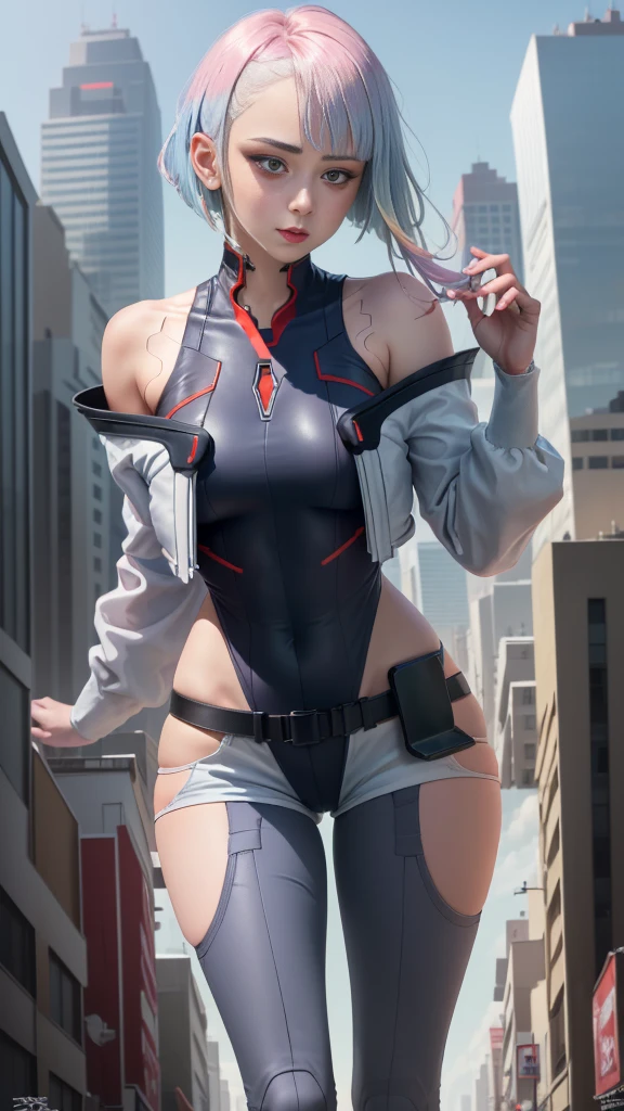 masterpiece, best quality, High resolution, Female Giant, Lu 1, , Colorful hair, cosmetic, Bare shoulders, Black tights, high leg jumpsuit, (Thong:1.1), White jacket, open jacket, belt, shorts, Cowboy shooting, Cyberpunk, walk, in the city