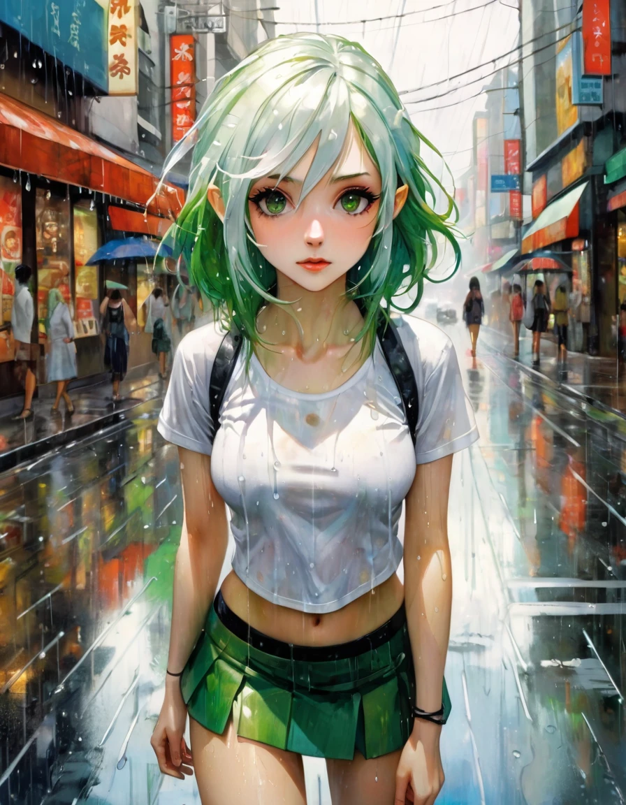 (masterpiece:1.2), best quality, high resolution, unity 8k wallpaper, illustration, extremely detailed eyes, extremely detailed face, extremely detailed CG, (1girl, solo:1.5), {{perfect anatomy}}, (panorama:0.5), ((view from top)), looking up, rain, heavy rain, white shirt, crop top, mini skirt, transparency, marked nipples, pronounced nipples ((wet clothes)), ((wet hair)), shopping district, gahata meiji, White, fades to green hair, medium length hair, green, long white eyelashes, (art inspired by Bill Sienkiewicz,). oil painting)