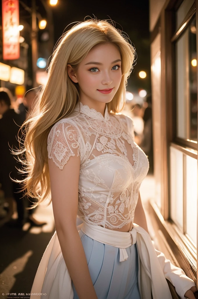 25 years, delicate, Contour Powder, sexy, Paper clothes, Intricate details, Asian Touch, Medium length hair, Blonde, blue eyes, Romantic smile, Captivating look, Good coverage, De Nuits, Illuminated by the photographer&#39;s flash, Skin Details, Skin pores, sexy, Samsung S22 Ultra Digital Camera