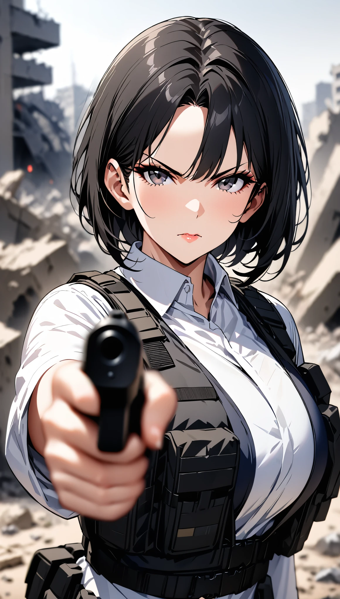 ((masterpiece)),((highest quality)),((High resolution)),((Very detailed)),One woman,48 years old,Mature Woman,Japanese,Black Hair,Short Bob,Beautiful Eyes,Long eyelashes,Beautiful Hair,Beautiful Skin,Serious,Large Breasts,BREAK(((pointing pistol))),Handgun,White shirt,black bulletproof vest, Combat Boots, Black Tactical Forster,Tactical Headset,(The background is the rubble of ruins),(((Background Blur)))