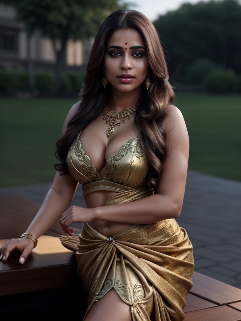 a beautiful indian woman, detailed intricate face, piercing eyes, luscious full lips, long flowing hair, ornate gold jewelry, traditional indian sari dress, hourglass figure, deep cleavage, dramatic cinematic lighting, photorealistic, 8k, high quality digital art, award winning concept art, vibrant colors, chiaroscuro lighting, full body view, outdoor, sit on something, seductively curvy figure, (best quality,4k,8k,highres,masterpiece:1.2),ultra-detailed,(realistic,photorealistic,photo-realistic:1.37)
