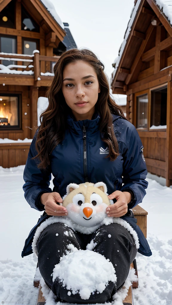 **Ultra-realistic portrait of a young African-American woman of mixed race, medium skin with freckles near the nose, very realistic skin texture, fine, round facial features, black eyes with long black lashes, defined eyebrows, well-defined lips without makeup. athletic physique, medium length wavy red hair, styled in tight curls. Captured with an iPhone 15, the image is ultra-detailed with a physical rendering, vibrant colors and sharp focus.
The avatar is in the snow, it's cold, she's wearing a coat, an ear warmer and ski pants with warm fur boots. We see her in full body and she's sledding on a wooden sled, with a wooden chalet in the background and a snowman.