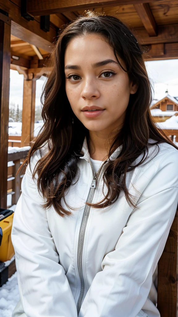 **Ultra-realistic portrait of a young African-American woman of mixed race, medium skin with freckles near the nose, very realistic skin texture, fine, round facial features, black eyes with long black lashes, defined eyebrows, well-defined lips without makeup. athletic physique, medium length wavy red hair, styled in tight curls. Captured with an iPhone 15, the image is ultra-detailed with a physical rendering, vibrant colors and sharp focus.
The avatar is in the snow, it's cold, she's wearing a coat, an ear warmer and ski pants with warm fur boots. We see her in full body and she's sledding on a wooden sled, with a wooden chalet in the background and a snowman.