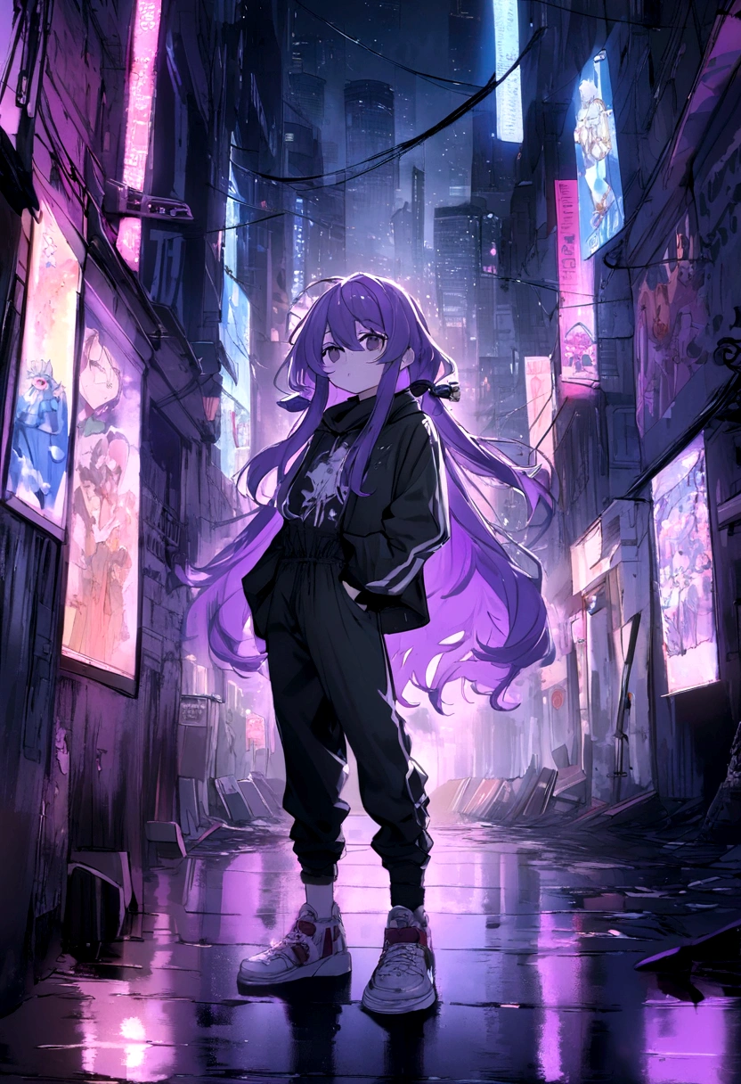 purple hair is cubic and fashionable in five points, y toma la apariencia siniestra de un juego de mordazas, el flequillo de su cabello tiene 2 puntas. Usa Una sudadera color azul oscuro, manga larga holgado, una capucha. Black denim pants and black and white sports sneakers. Tiene una sonrisa algo relajada y despreocupada. Lleva con sigo en su espalda, una especie de criatura, con pelaje color rojo parecido a un venado pero sin boca, con dos alas en su espalda, y con unos ojos completamente de color rosa fucsia. With a background of a somewhat gloomy city, dark and gothic 