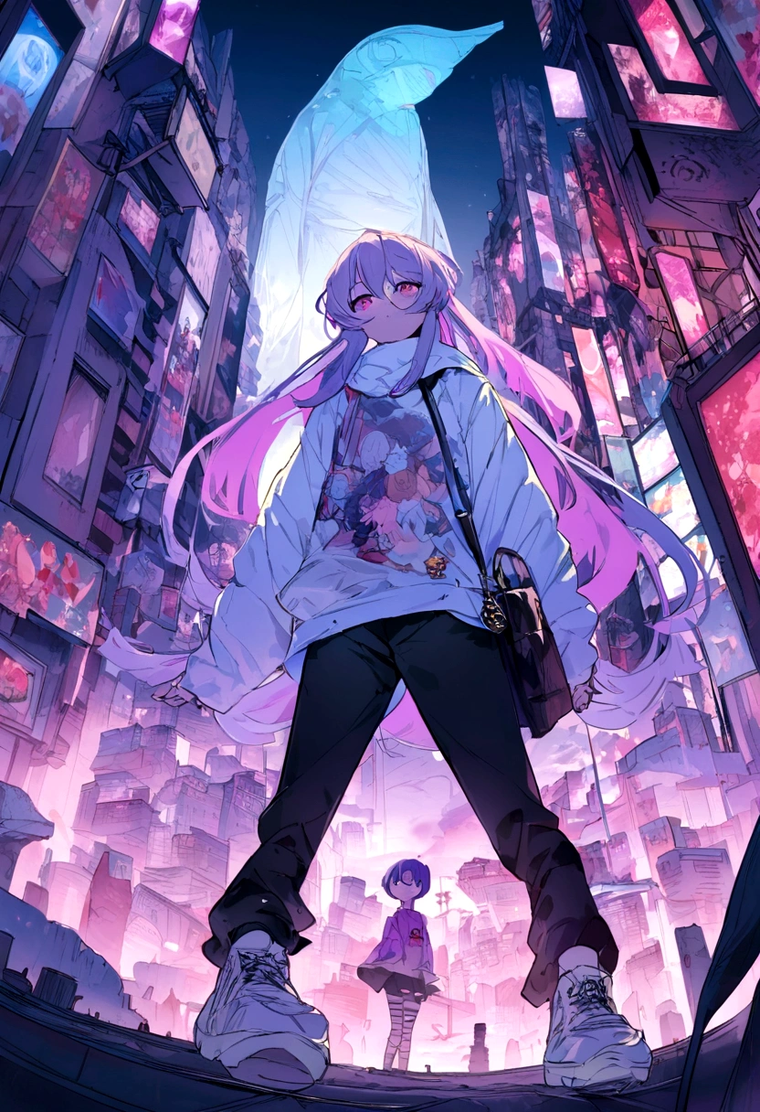 purple hair is cubic and fashionable in five points, y toma la apariencia siniestra de un juego de mordazas, el flequillo de su cabello tiene 2 puntas. Usa Una sudadera color azul oscuro, manga larga holgado, una capucha. Black denim pants and black and white sports sneakers. Tiene una sonrisa algo relajada y despreocupada. Lleva con sigo en su espalda, una especie de criatura, con pelaje color rojo parecido a un venado pero sin boca, con dos alas en su espalda, y con unos ojos completamente de color rosa fucsia. With a background of a somewhat gloomy city, dark and gothic 