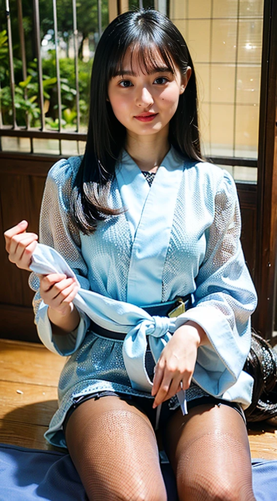 masterpiece, highest quality, 4K, Ultra-high resolution, mishoujo, Painting, Beautiful eyes and fine face, figure, Beautiful details, high resolution figure, Shine_white_particle, One girl, Small breasts、Large Breasts、High 、Japanese、Japanese Idols、A kind smile、Fishnet tights