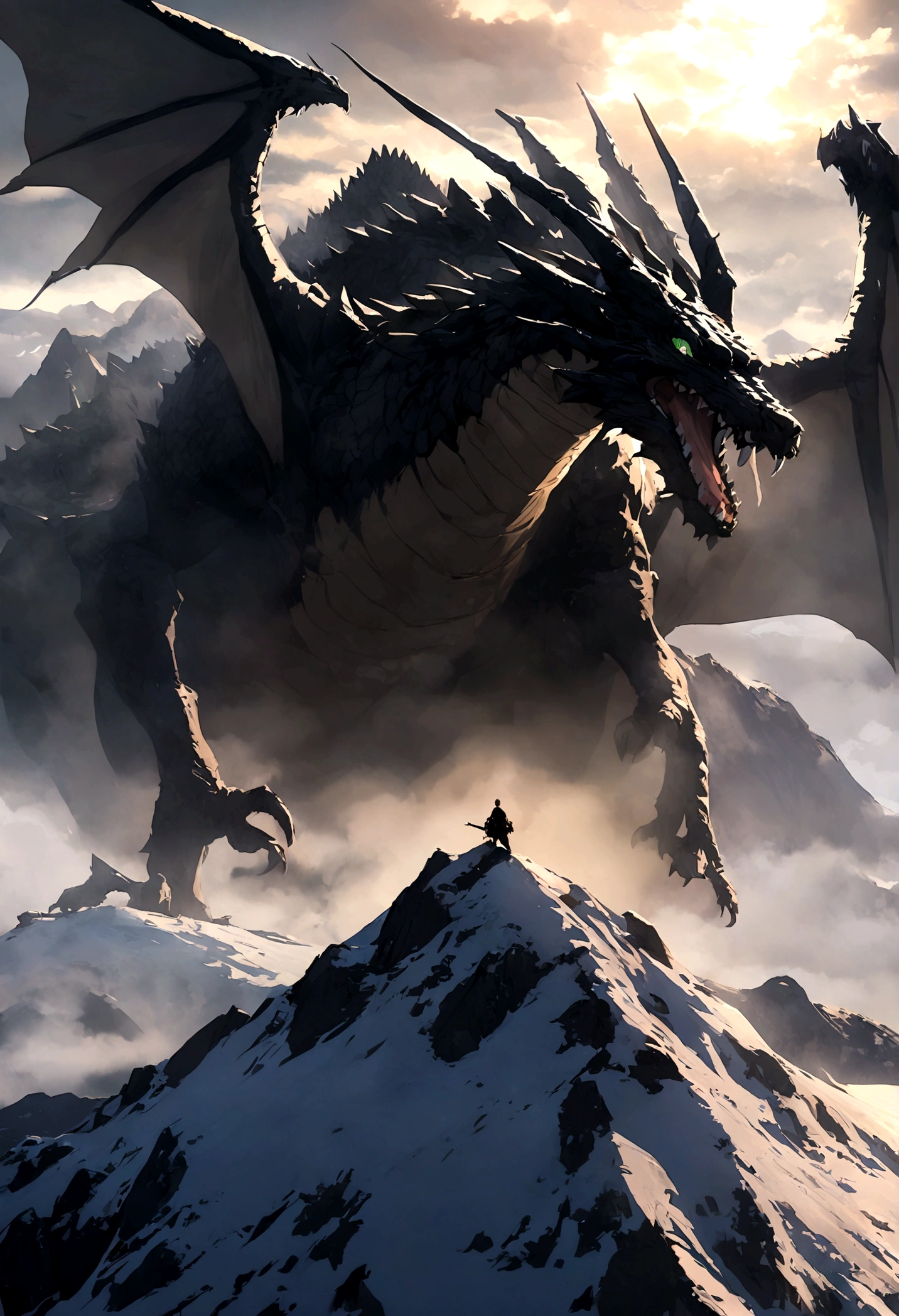 black dragon,green eyes,Big one,on the mountain