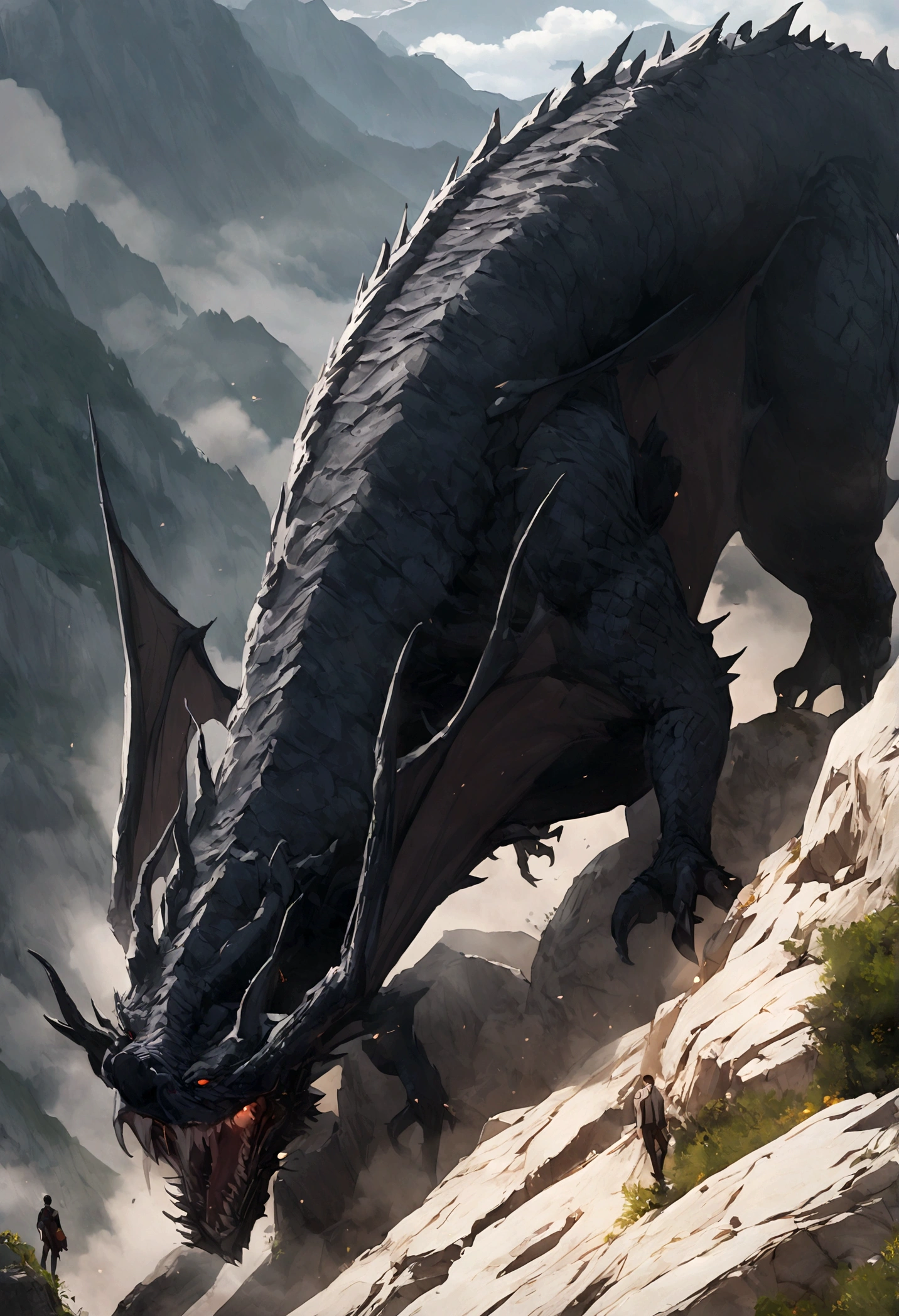 black dragon,green eyes,Big one,on the mountain
