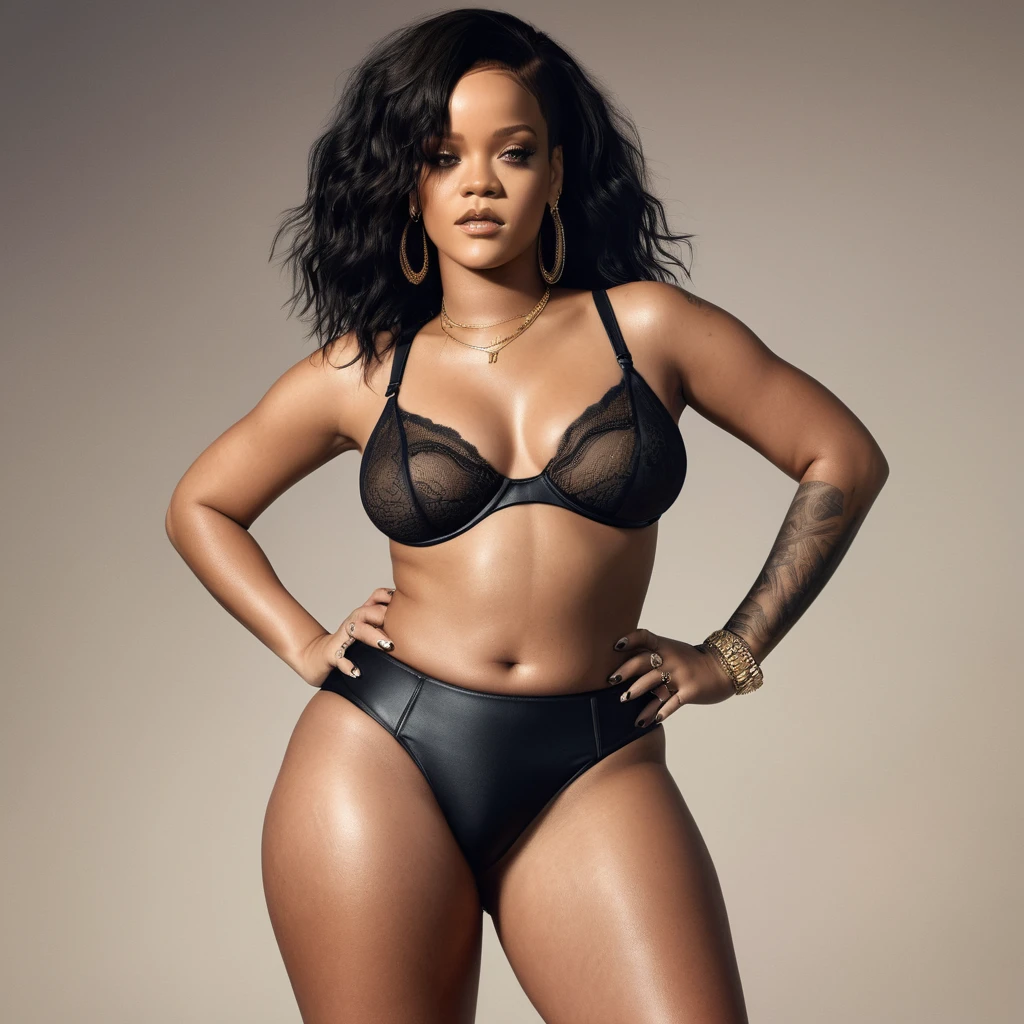 Rihanna standing upright, wide hips, big black thong, cellulite, thick thighs, realistic , detailed skin texture, professional portrait, high quality, detailed, earthy tones, natural lighting