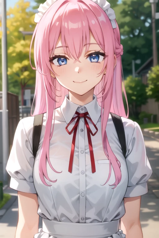 tall body, tall, long legs, mature female, mature, adult, simple background, eft_shikimori, 1girl, blue eyes, pink hair, shirt, smile, looking at viewer, outdoors, solo, white shirt, long hair, upper body, short sleeves, red ribbon, day, ribbon, bangs, hair between eyes, maid uniform, closed mouth, neck ribbon, blurry, blurry background, sidelocks