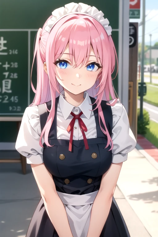 tall body, tall, long legs, mature female, mature, adult, simple background, eft_shikimori, 1girl, blue eyes, pink hair, shirt, smile, looking at viewer, outdoors, solo, white shirt, long hair, upper body, short sleeves, red ribbon, day, ribbon, bangs, hair between eyes, maid uniform, closed mouth, neck ribbon, blurry, blurry background, sidelocks