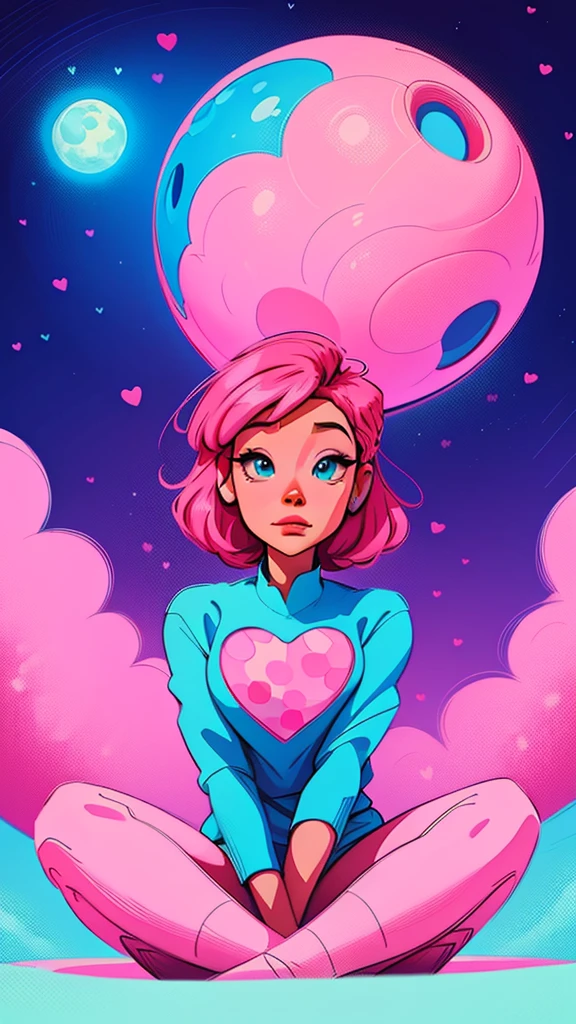 a cartoon boy and girl sitting atop a large ball in front of a full moon, pink heart shaped craters on the blue moon, adorable digital painting, cute detailed digital art, digital anime illustration, cute digital art, cyril rolando and goro fujita, lois van baarle and rossdraws, cute art style , digital painting cartoon, sitting on a moon, beeple and jeremiah ketner, procreate illustrationo, pink heart shaped craters on the blue moon