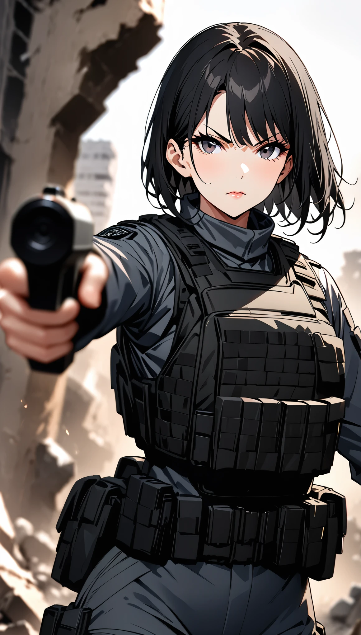 ((masterpiece)),((highest quality)),((High resolution)),((Very detailed)),One woman,48 years old,Mature Woman,Japanese,Black Hair,Short Bob,Beautiful Eyes,Long eyelashes,Beautiful Hair,Beautiful Skin,Serious,BREAK(((pointing pistol))),Handgun,SWAT Uniforms,black bulletproof vest, Combat Boots, Black Tactical Forster,Tactical Headset,(The background is the rubble of ruins),(((Background Blur)))